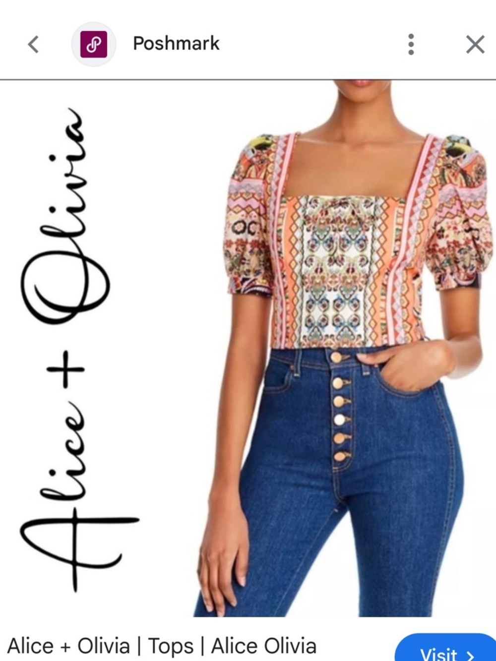 Alice + Olivia Peach Multicolor Printed Square-Neck Crop Top
